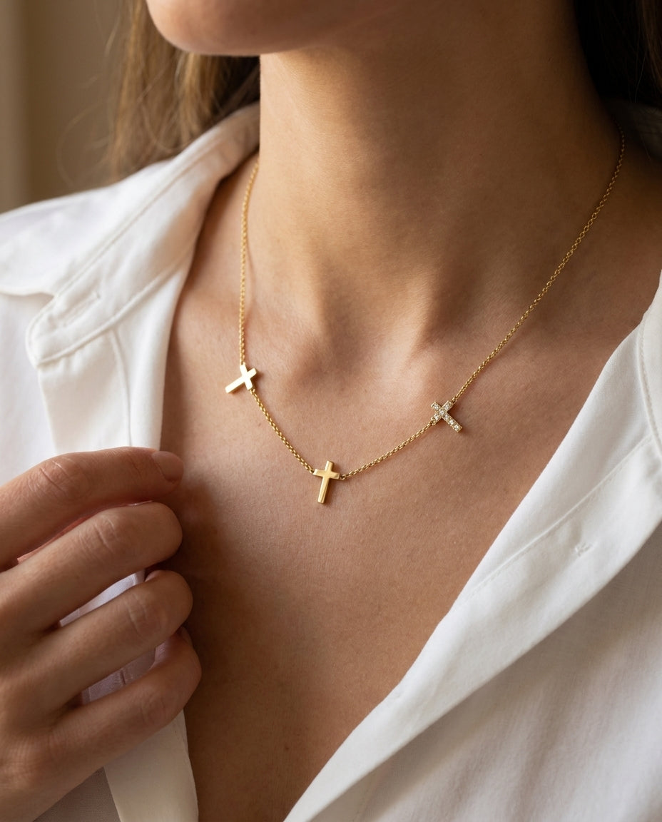 Dainty Triple Cross Necklace in Gold & Pavé Diamond