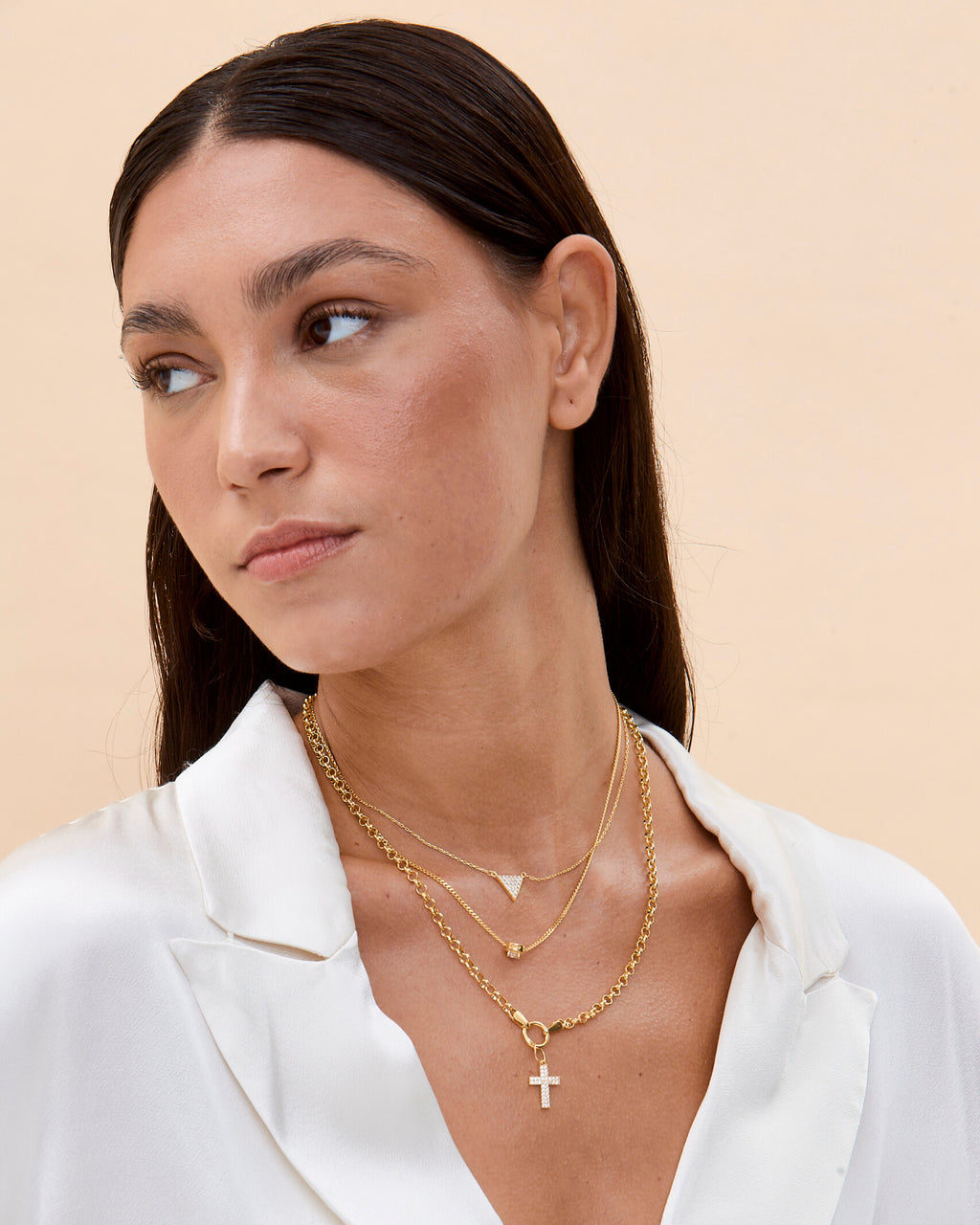 Elegant Cross Pendant & Geometric Charm Layered Necklace Set - 18k Gold Vermeil