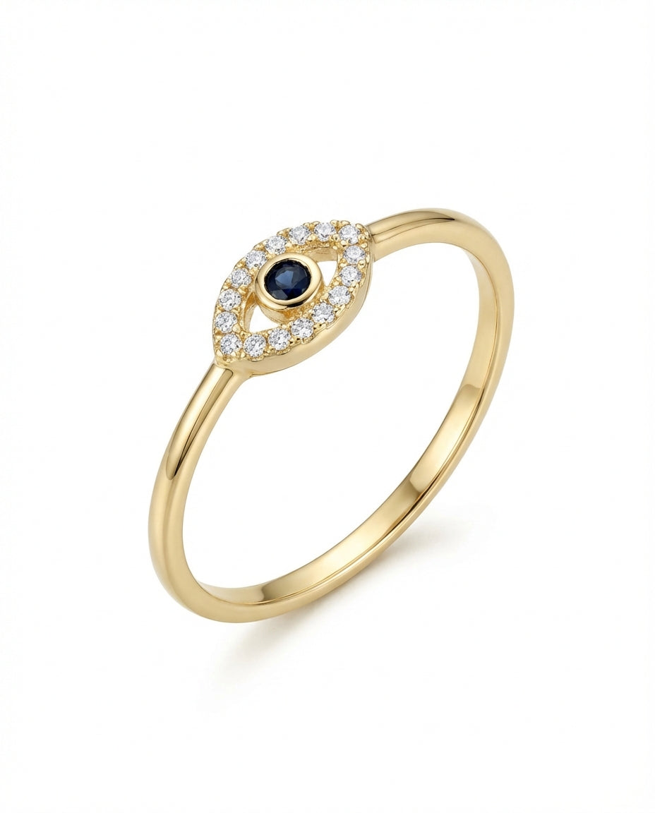 Dainty Gold Evil Eye Ring with Diamond & Sapphire