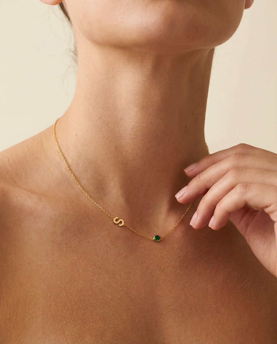 Personalized Initial & Birthstone Gold Necklace