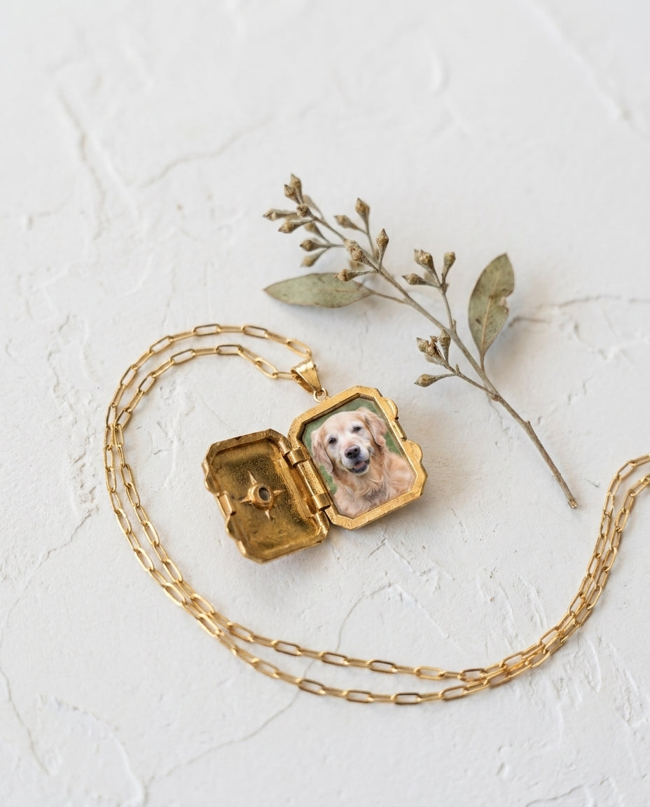 Personalized Pet Photo Locket Necklace - Vintage Gold Keepsake