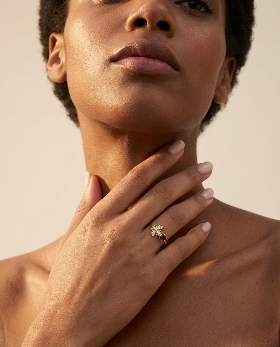 Gold Bee Ring with Birthstone & Pave Ring