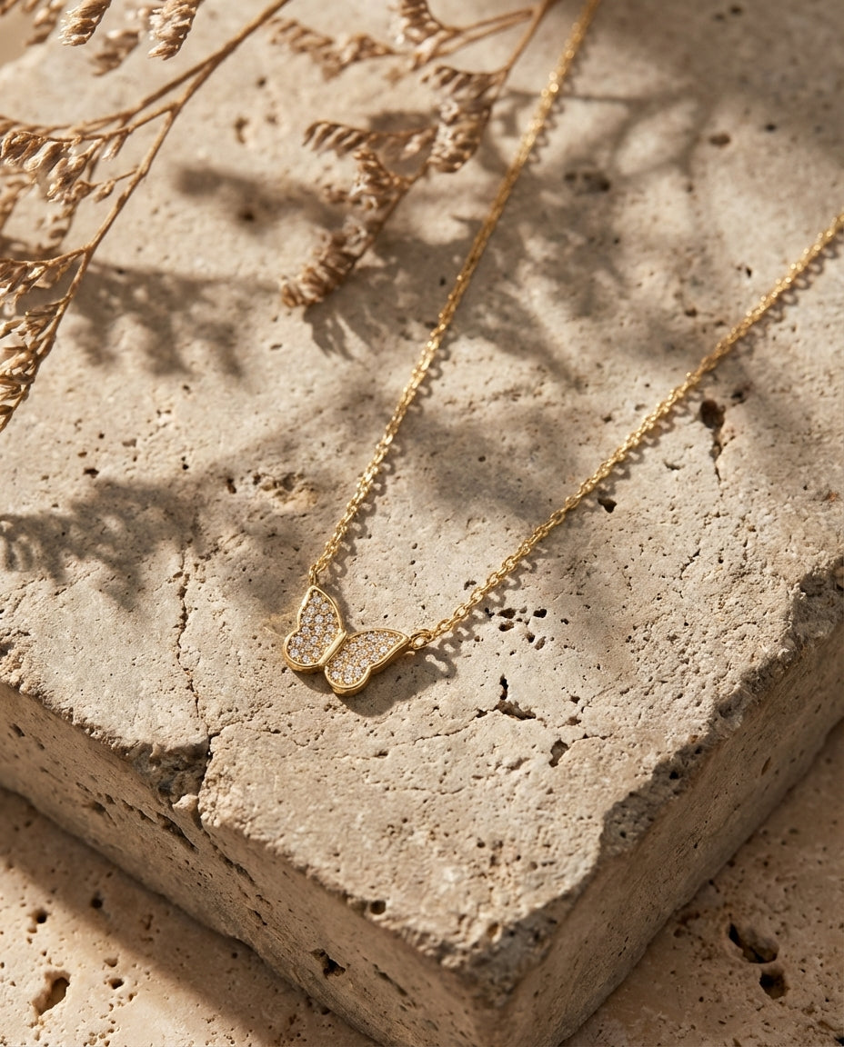 Dainty Gold Butterfly Necklace with Pave Diamonds