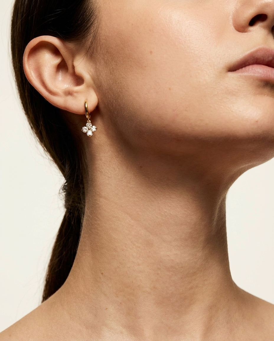 Sparkling Crystal Clover Huggie Earring | Gold Dangle Charm