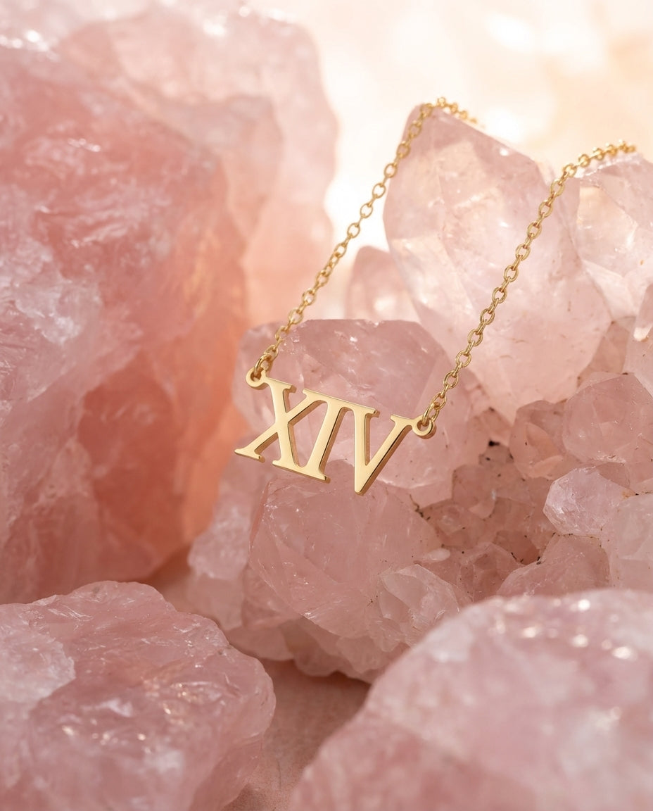 Gold Roman Numeral XIV Necklace | Dainty Number Pendant
