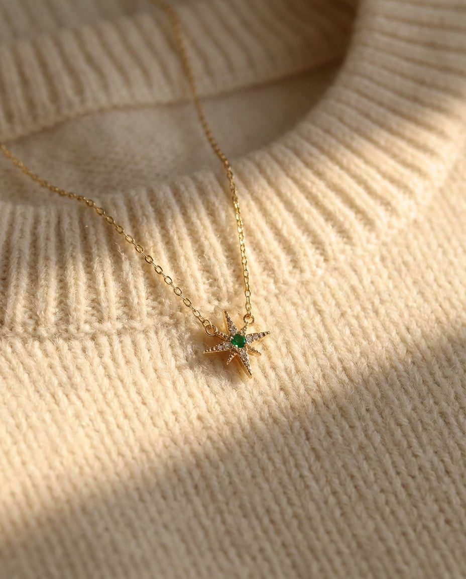 Emerald Starburst Gold Pendant Necklace | Celestial Jewelry