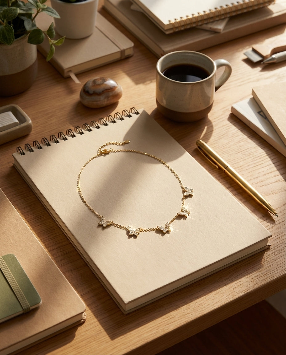 Dainty Pavé Diamond Butterfly Station Necklace in Gold