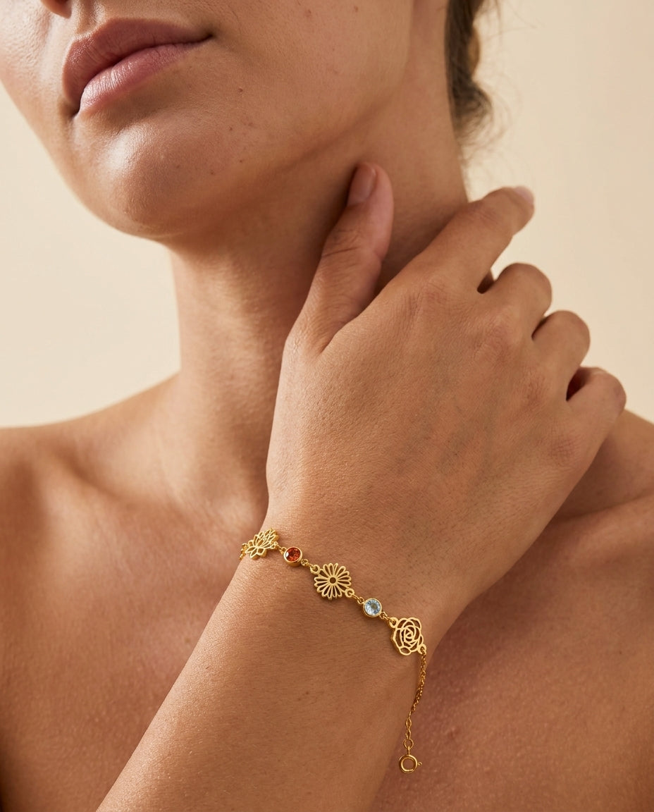 Dainty Gold Flower Charm Bracelet with Gemstones