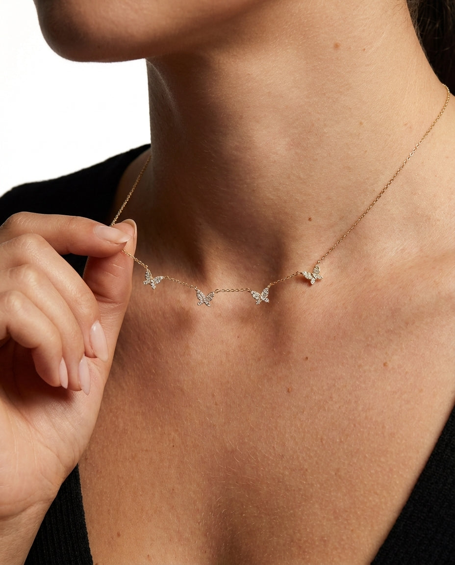 Dainty Pavé Diamond Butterfly Station Necklace in Gold