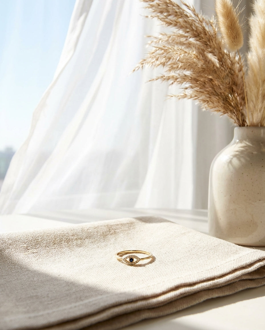 Dainty Gold Evil Eye Ring with Diamond & Sapphire