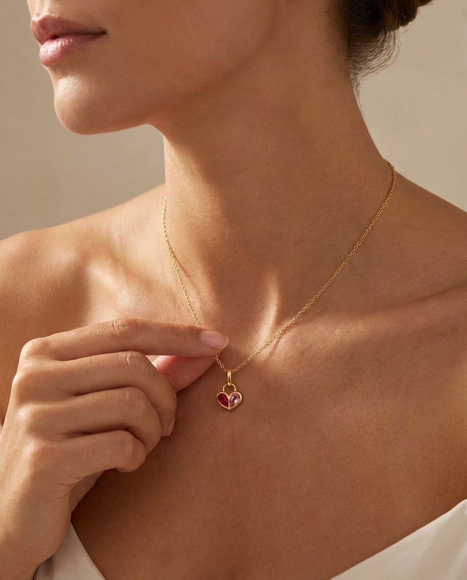 Duo Heart Gemstone Necklace in Gold - Birthstone Necklace