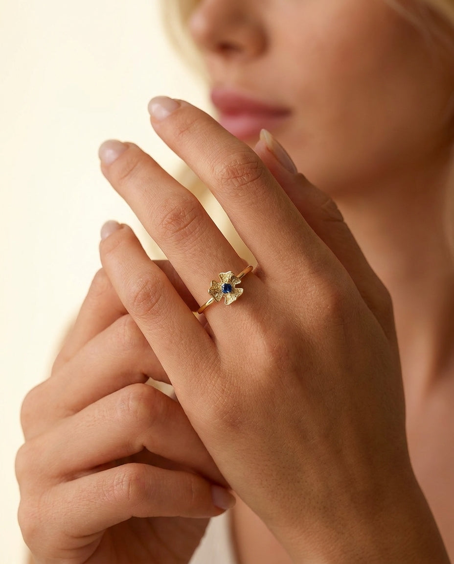 Gold Sapphire Flower Ring, Elegant Botanical Jewelry, Birthstone Jewelry
