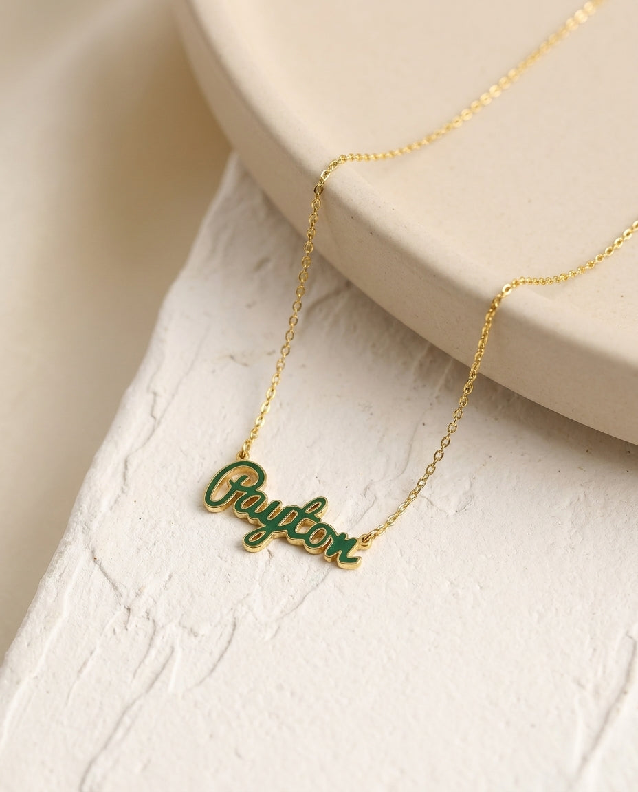 Custom Enamel Name Necklace - Personalized Gold Cursive Jewelry