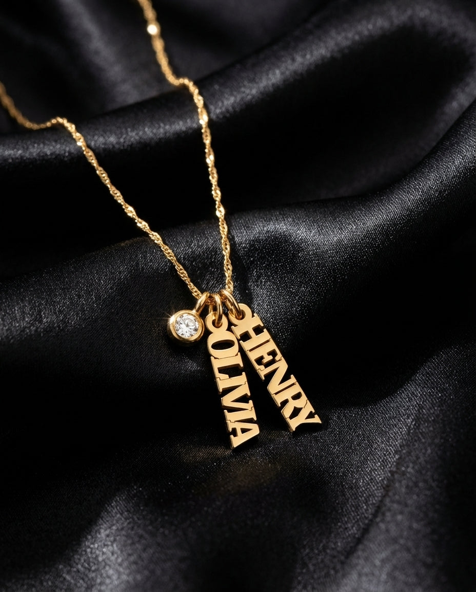 Personalized Vertical Name Necklace with Birthstone in Gold
