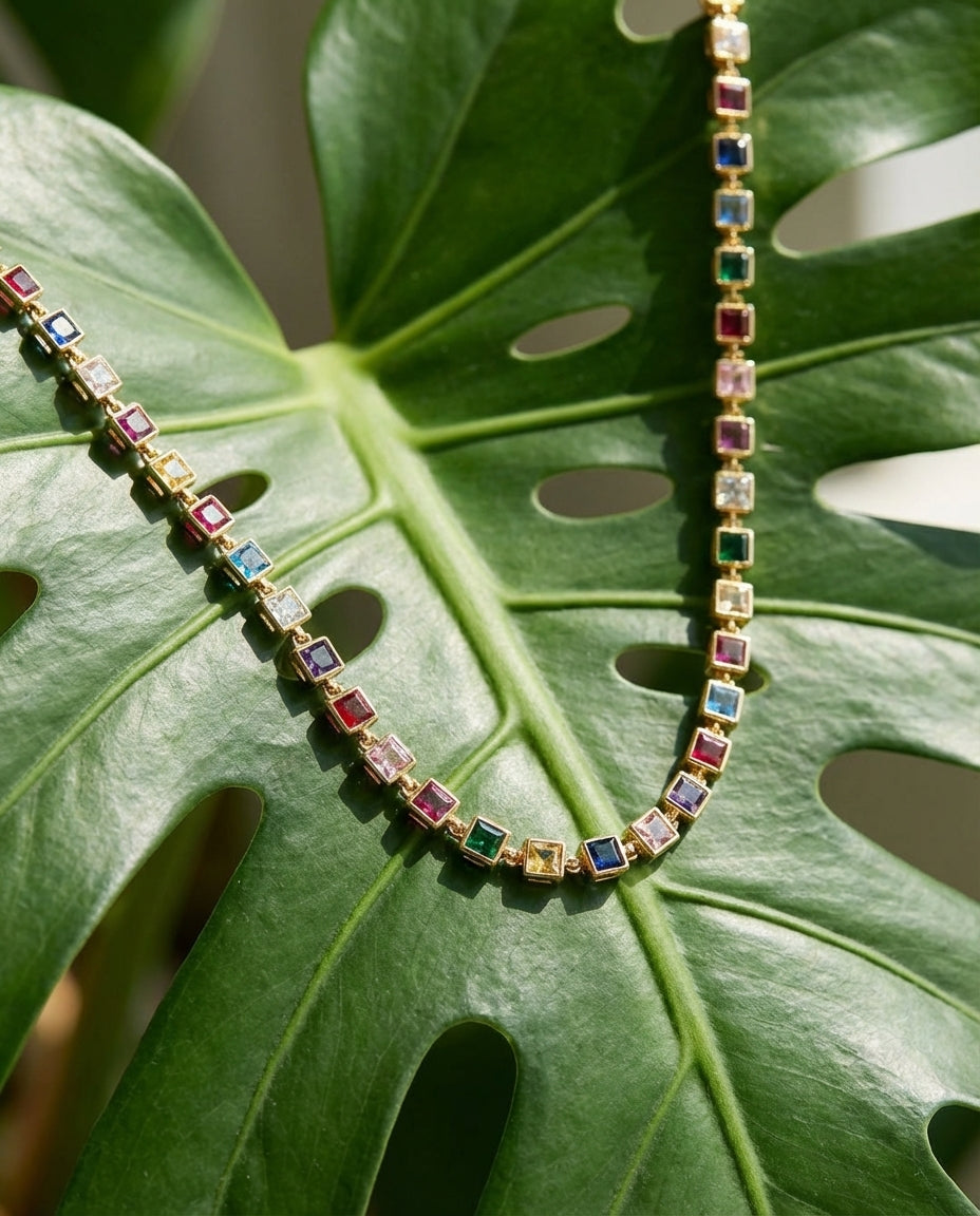Vivid Rainbow Gemstone Gold Tennis Necklace