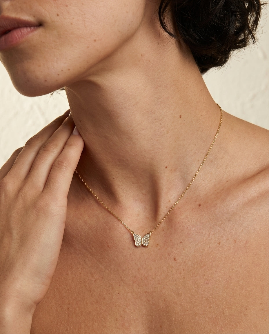 Dainty Gold Butterfly Necklace with Pave Diamonds