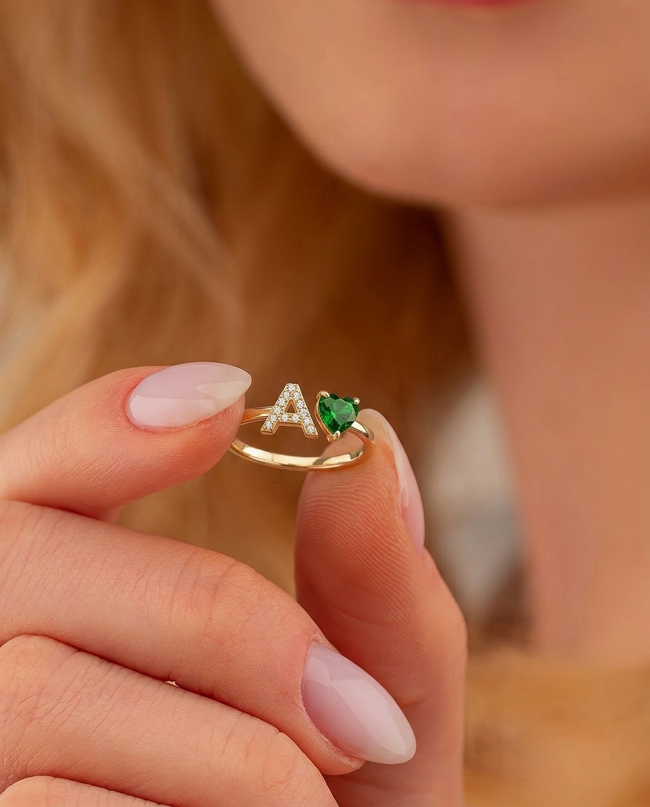 Personalized Gold Initial Ring with Heart Birthstone