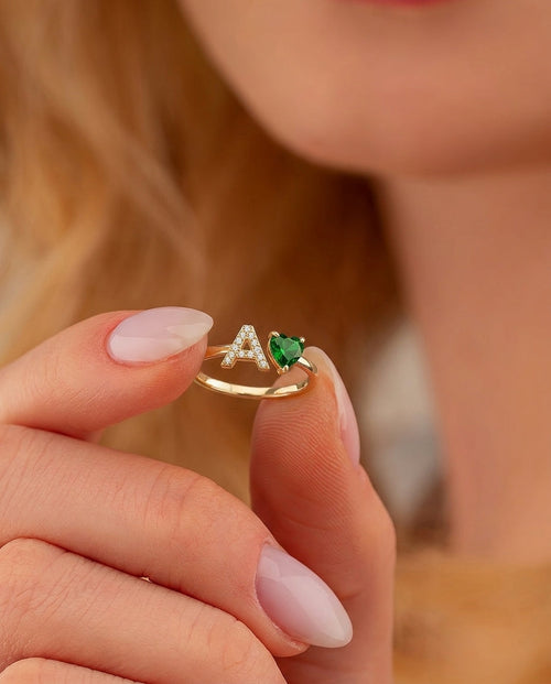 Personalized Gold Initial Ring with Heart Birthstone