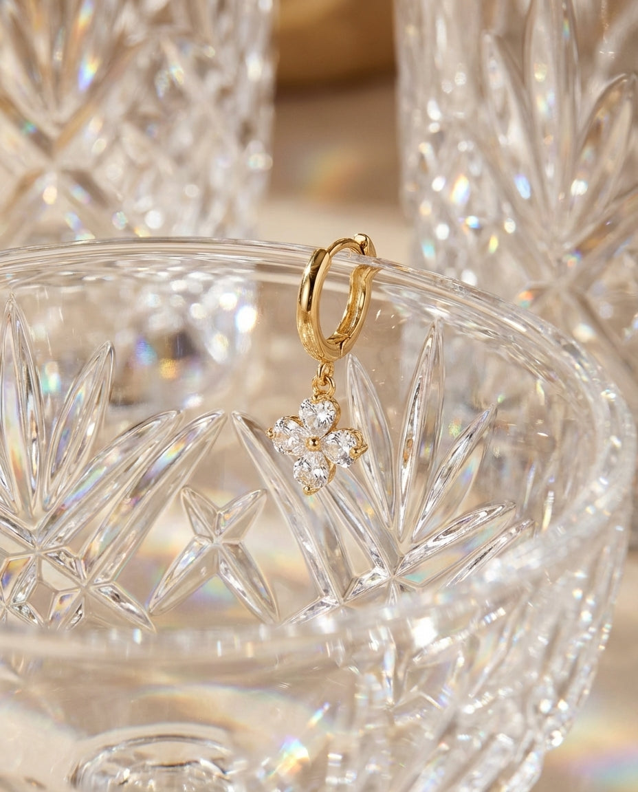 Crystal Clover Charm Gold Huggie Hoop Earring