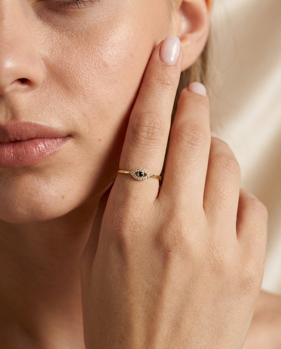 Dainty Gold Evil Eye Ring with Diamond & Sapphire
