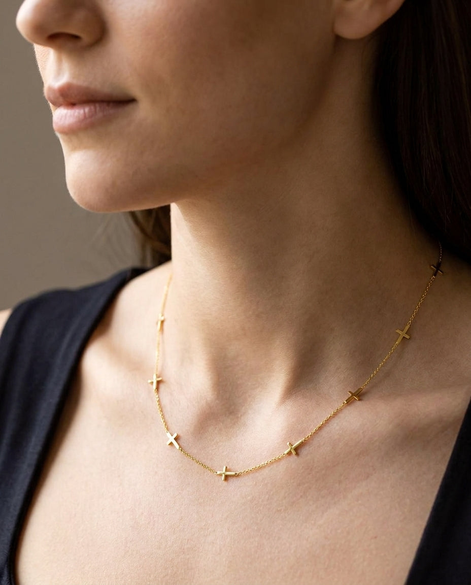 Dainty Gold Cross Station Necklace | Minimalist Faith Jewelry
