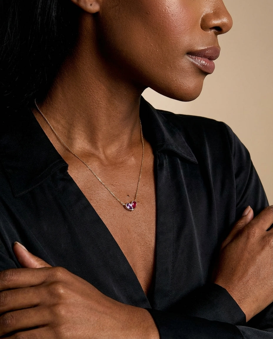 Gold Toi et Moi Heart Birthstone Necklace