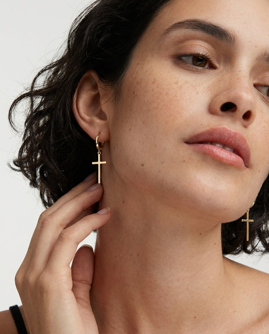 Gold Cross Dangle Hoop Earrings | Minimalist Faith Jewelry