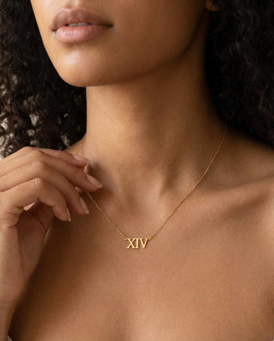 Gold Roman Numeral XIV Necklace | Dainty Number Pendant