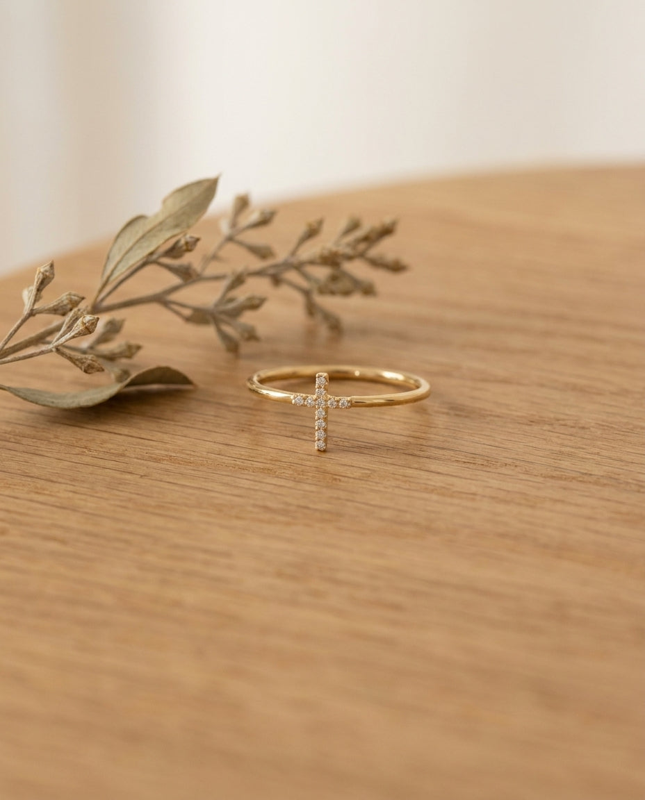 Dainty Pave Diamond Cross Ring in Silver