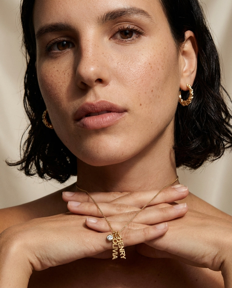 Personalized Vertical Name Necklace with Birthstone in Gold