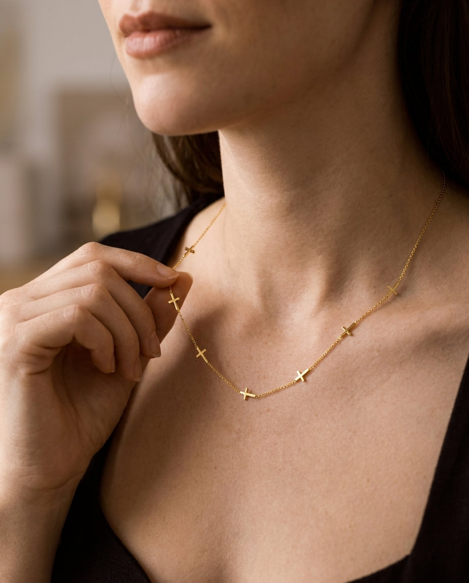 Dainty Gold Cross Station Necklace | Minimalist Faith Jewelry
