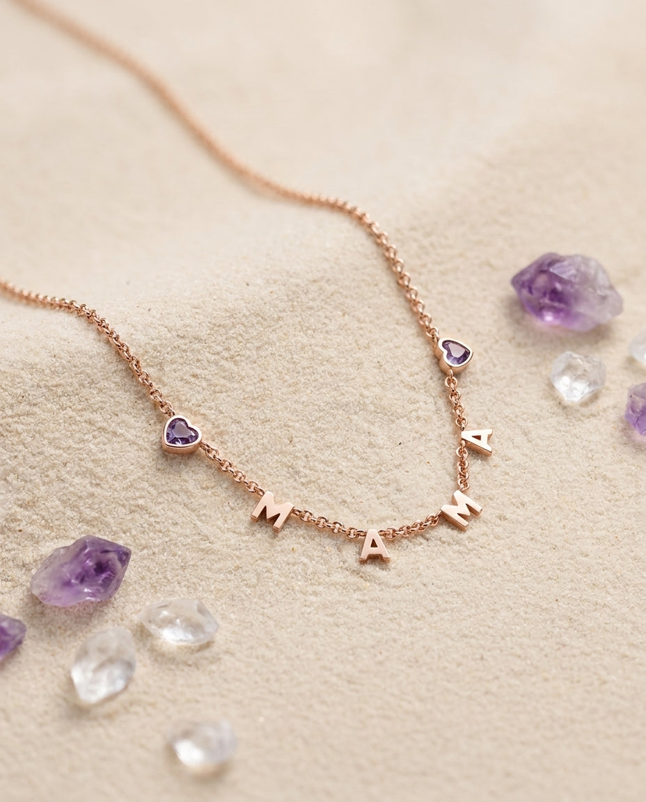 Rose Gold MAMA Necklace with Custom Heart Birthstones