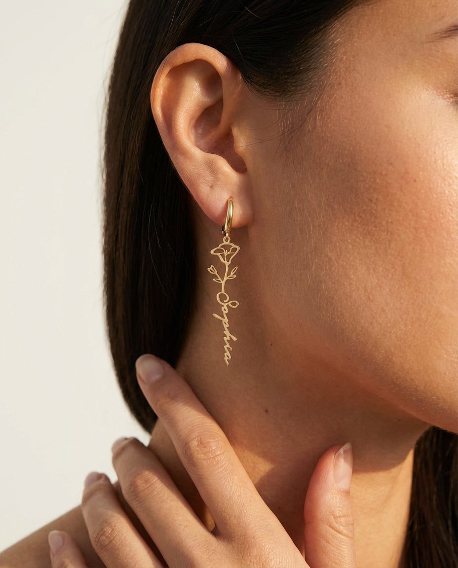 Personalized Birth Flower Name Earring - Custom Gold Jewelry