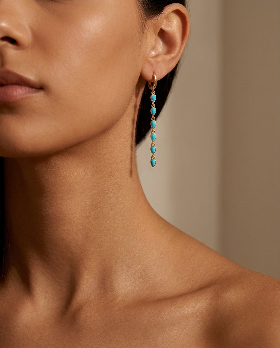 Turquoise Teardrop Cascade Gold Dangle Earring
