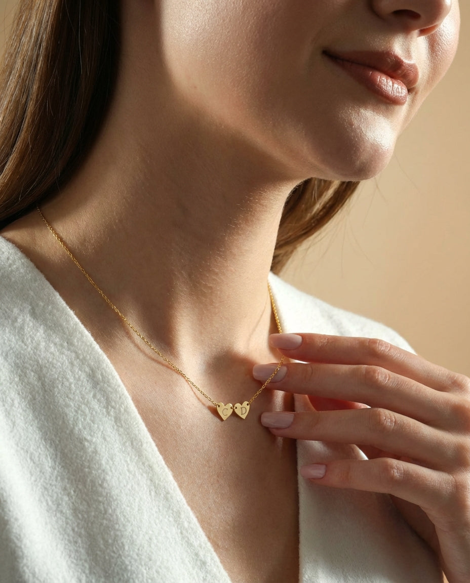 Personalized Double Heart Initial Necklace - Dainty Gold Jewelry