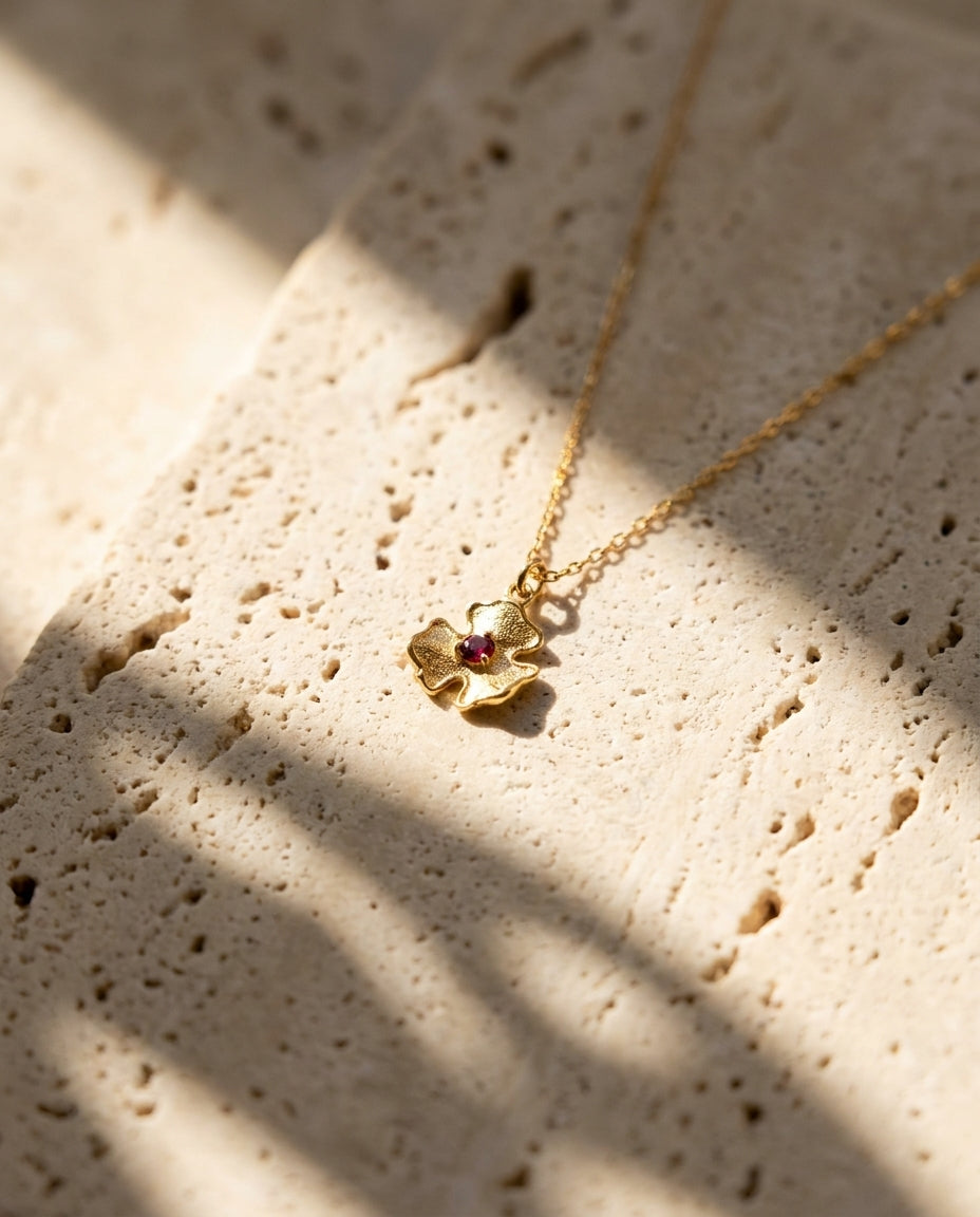 Gold Poppy Flower Necklace with Birthstone