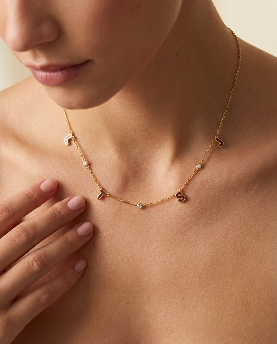 Custom Enamel Initial & Diamond Station Necklace - Gold