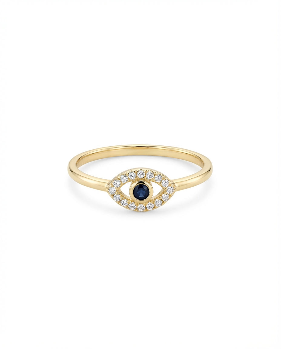 Dainty Gold Evil Eye Ring with Diamond & Sapphire