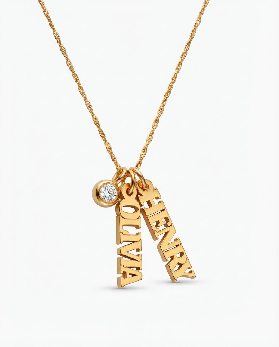 Personalized Vertical Name Necklace with Birthstone in Gold