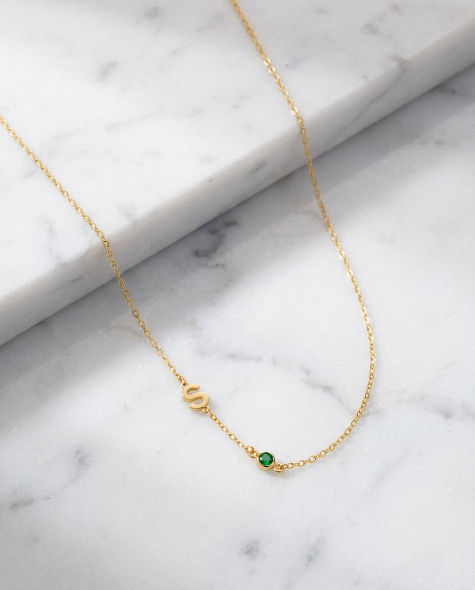 Personalized Initial & Birthstone Gold Necklace
