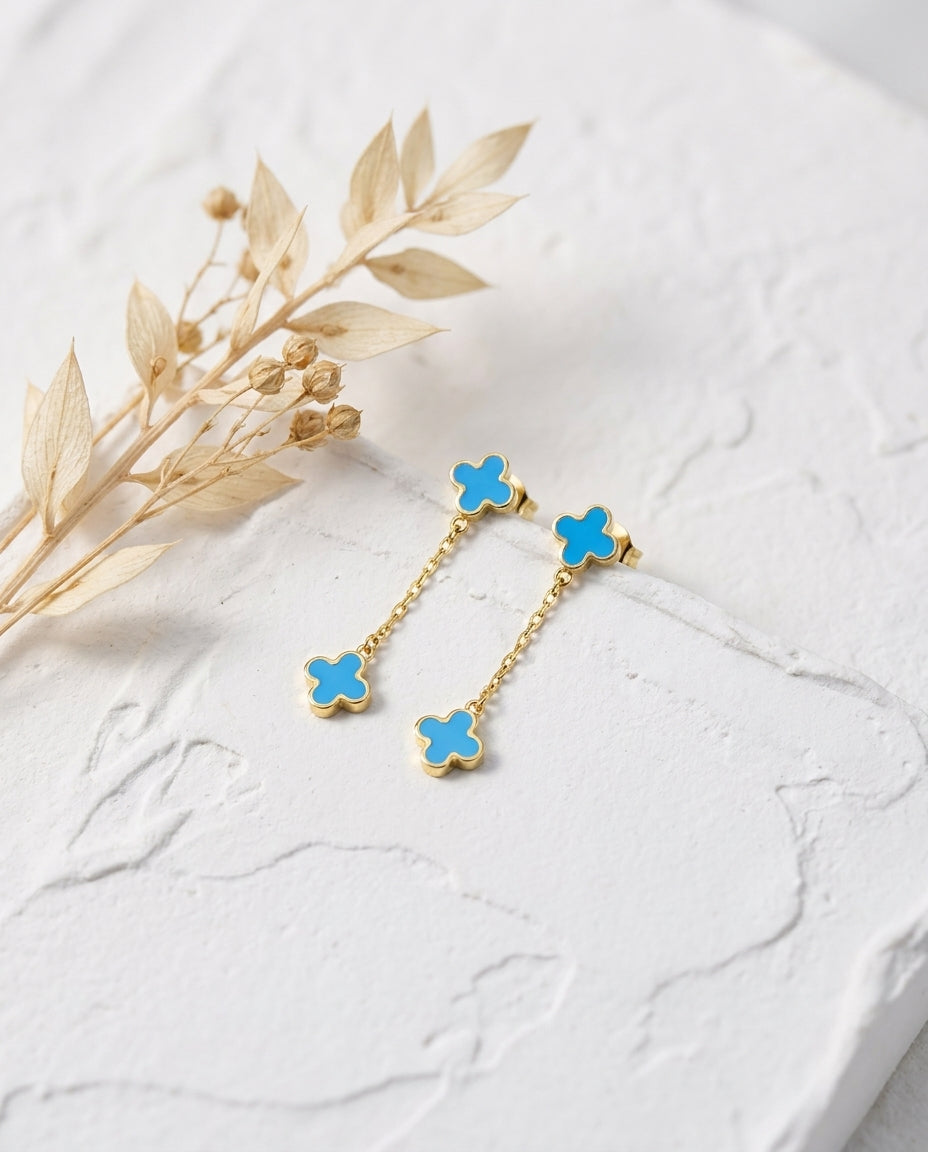 Blue Clover Gold Dangle Earrings - Enamel Drop Studs