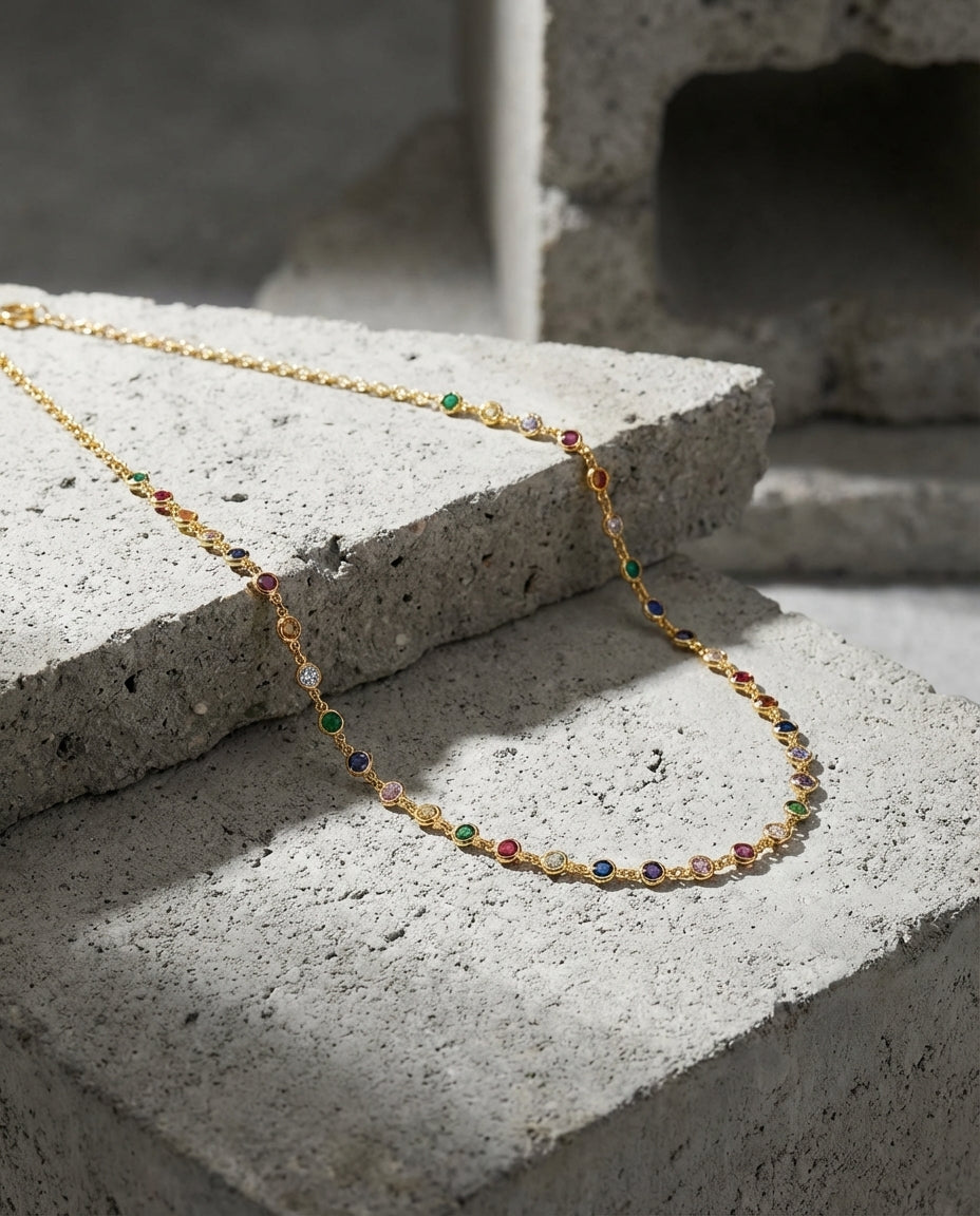 Vibrant Rainbow Gemstone Bezel Set Station Necklace
