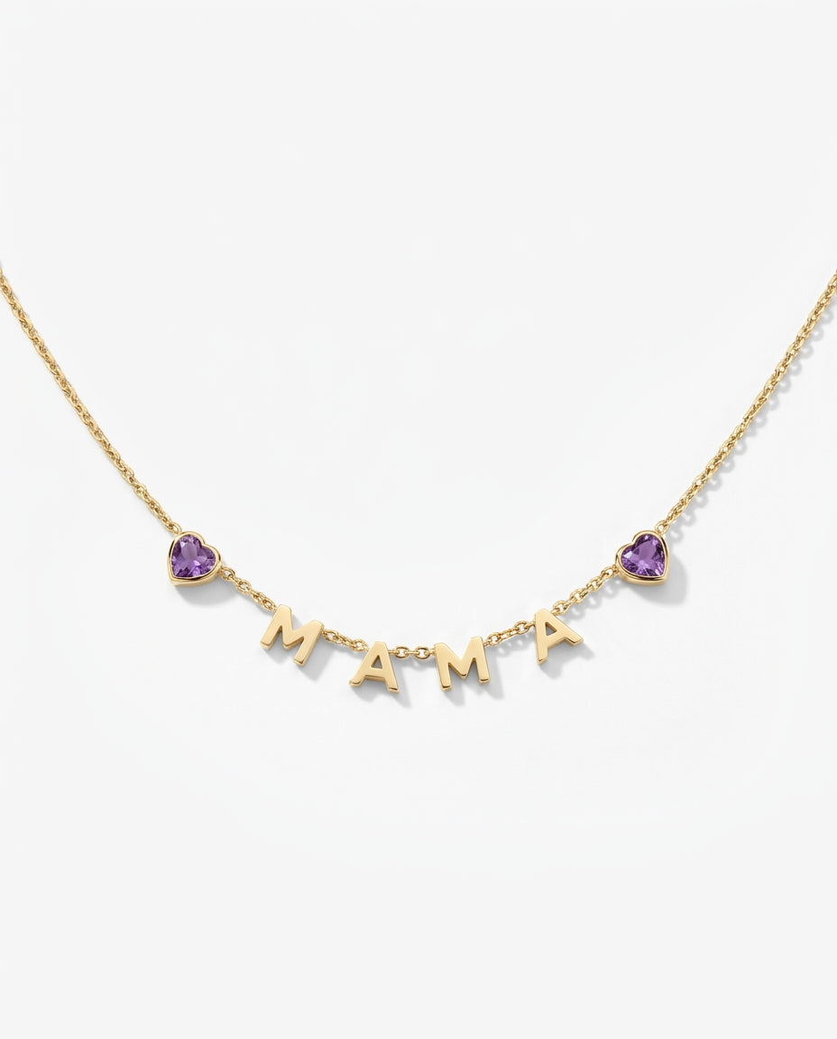 Rose Gold MAMA Necklace with Custom Heart Birthstones