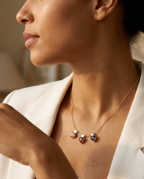 Personalized Triple Heart Birthstone Necklace in Gold