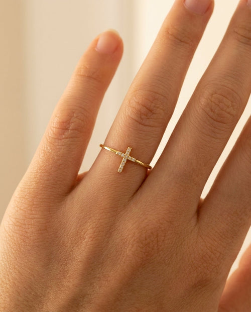 Dainty Pave Diamond Cross Ring in Silver