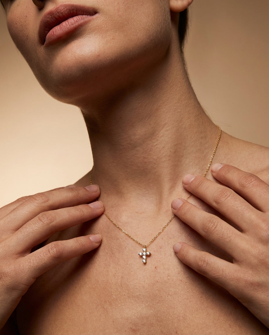 Dainty Gold Cross Necklace with Sparkling CZ Stones