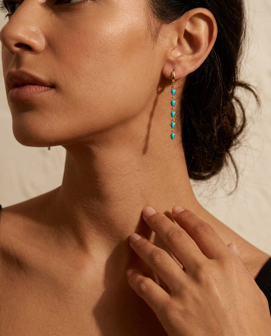 Turquoise Teardrop Cascade Gold Dangle Earring