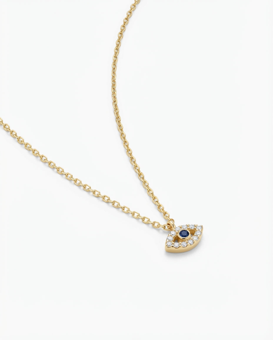 Dainty Diamond Evil Eye Necklace in 14k Gold