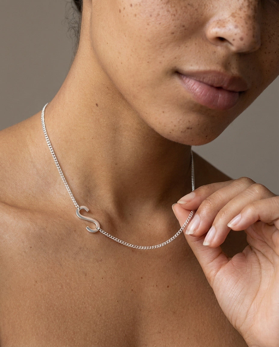 Personalized Sideways Initial 'S' Necklace in Silver