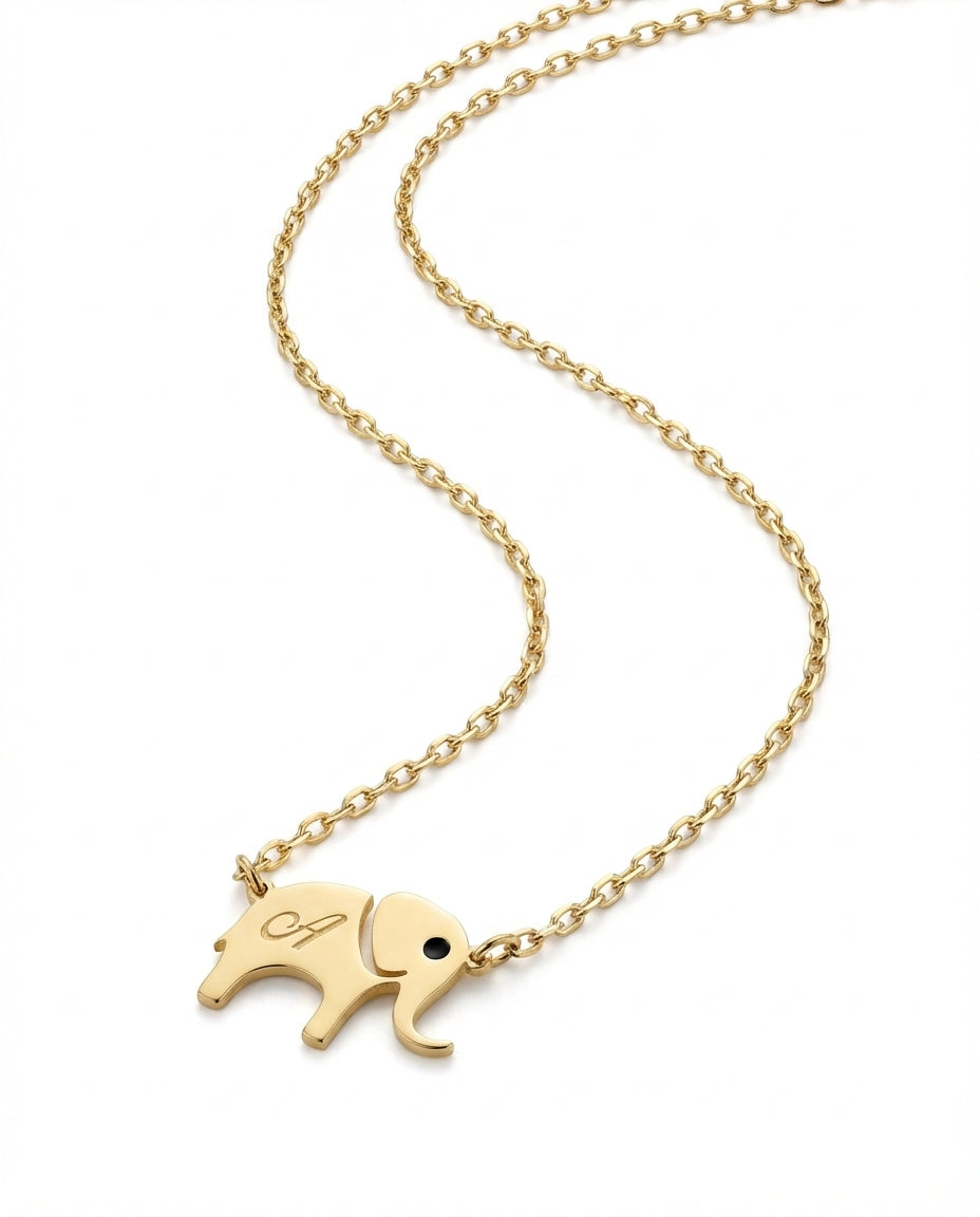 Personalized Initial Elephant Necklace in Gold - Dainty Charm Gift